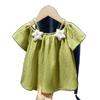 Girls' 2025 Summer Off-the-Shoulder Spaghetti Strap Short-Sleeve Top - Fresh New Chinese Style Fashion