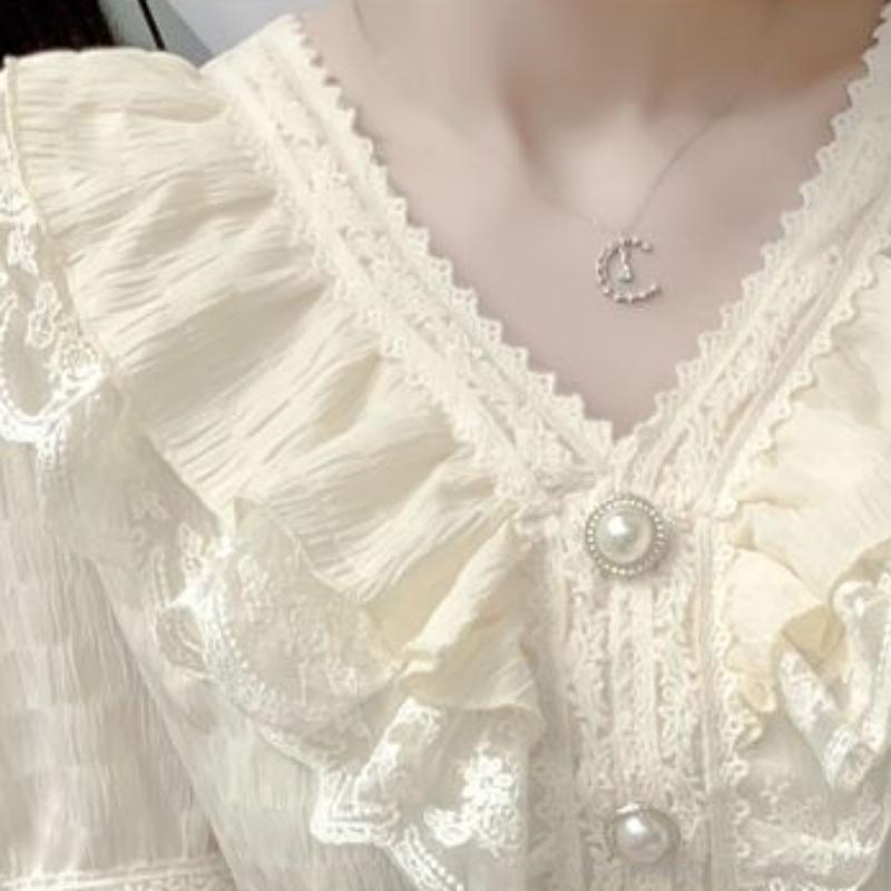 Female Summer Solid Colour Casual Short-sleeved T-shirt Fashion Lace Ruffle Top Temperament Sweet Chiffon V-neck Shirt