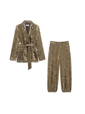 Autumn 2025 Women's Retro Gold Thread Velvet Suit & Long Pants Set
