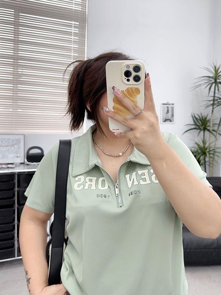 Plus Size Women's Casual Zipper Print Top - Loose Fit Short Sleeve T-shirt for 2025 Summer