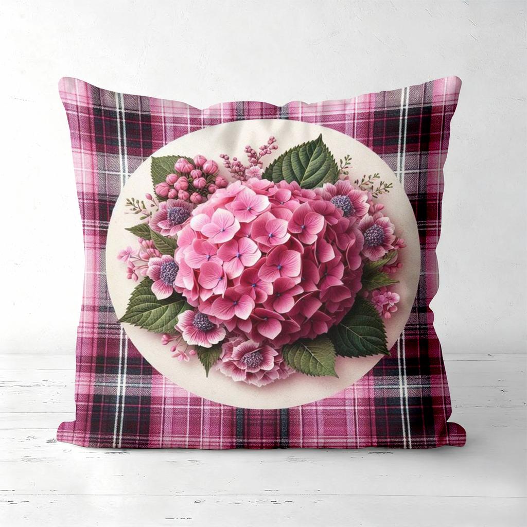 Pink Hydrangea Patterned Plaid Cushion Covers for Home Polyester pillowcase, sofa decorative cushion cov Headboard Pillow