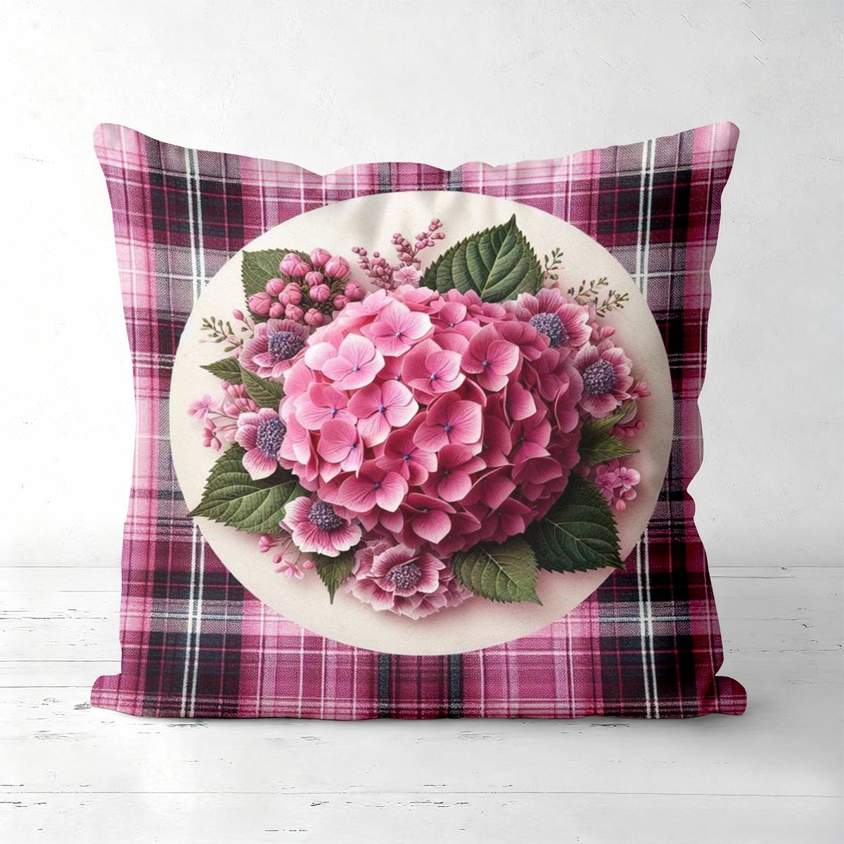 

Pink Hydrangea Patterned Plaid Cushion Covers for Home Polyester pillowcase, sofa decorative cushion cov Headboard Pillow 45x45cm