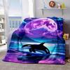 Fantasy Starry Purple Moon Seascape Jumping Orca Night Landscape Print Flannel Blanket Cozy Throw for Couch Travel Indoor Home