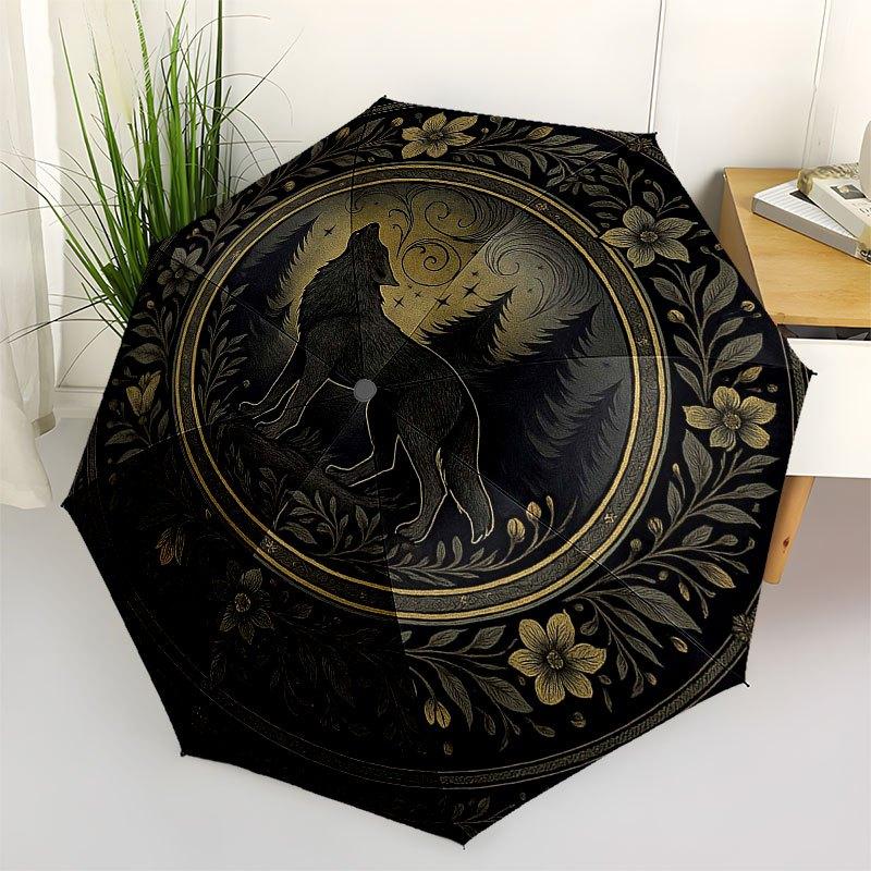 Złoty Wilk Leśny Oświetlony Księżycem Talerz Dekoracyjny Parasol, Przenośny Kompaktowy Parasol 3-Składany dla Mężczyzn i Kobiet R134