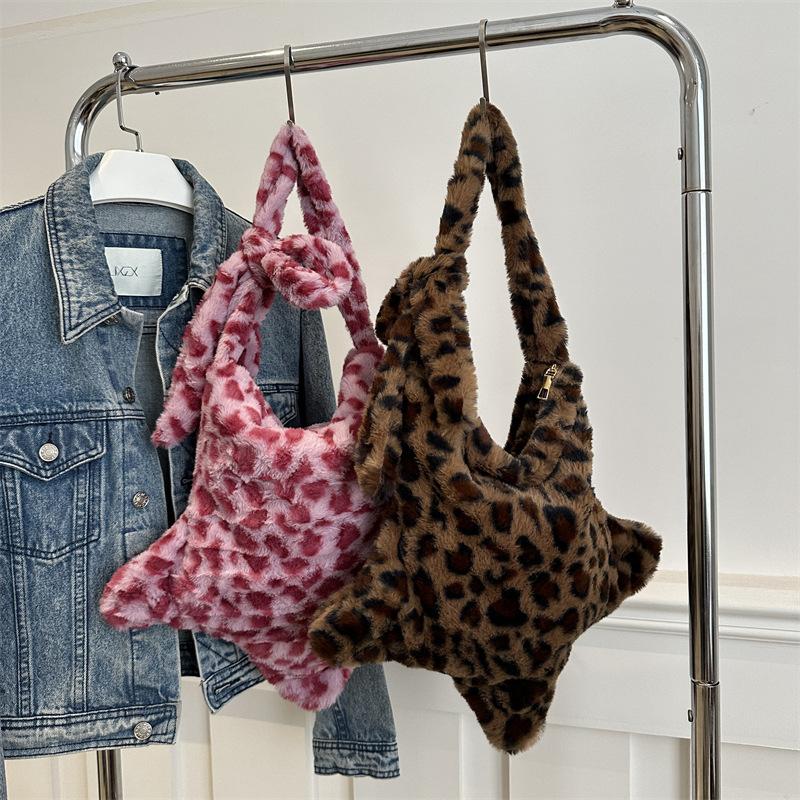 Star Leopard Print Plush Crossbody Bags for Women Furry Large Capacity Girls Shoulder Bag Vintage Tote Handbags Female Purse KTY