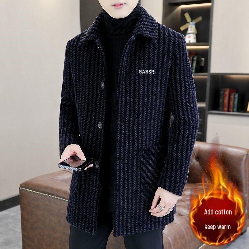 Men's Mid-Length Woolen Coat: Thickened, Striped, Warm Lapel Windbreaker