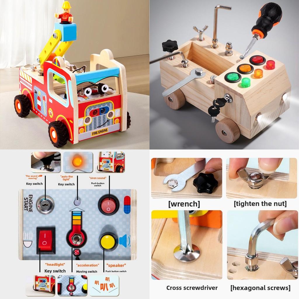 Wooden Led Fire Truck Puzzle Toy With Screwdriver Set For Early Education Kids