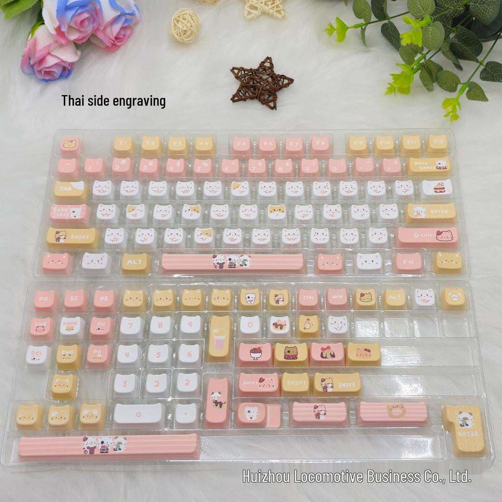Meow Keycaps: Cute Sea Salt, Pink & Black, MAO Height, Cat Head Design, PBT Material, Includes 2.25U, 2.75U, 7U Spacebars.