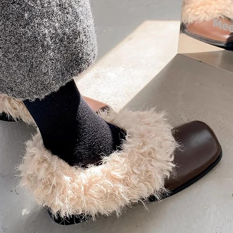 Designer Fluffy Mary Jane Shoes Fashion Shallow Slip On Shoes Winter Warm Square Toe Thick Heel Shoes