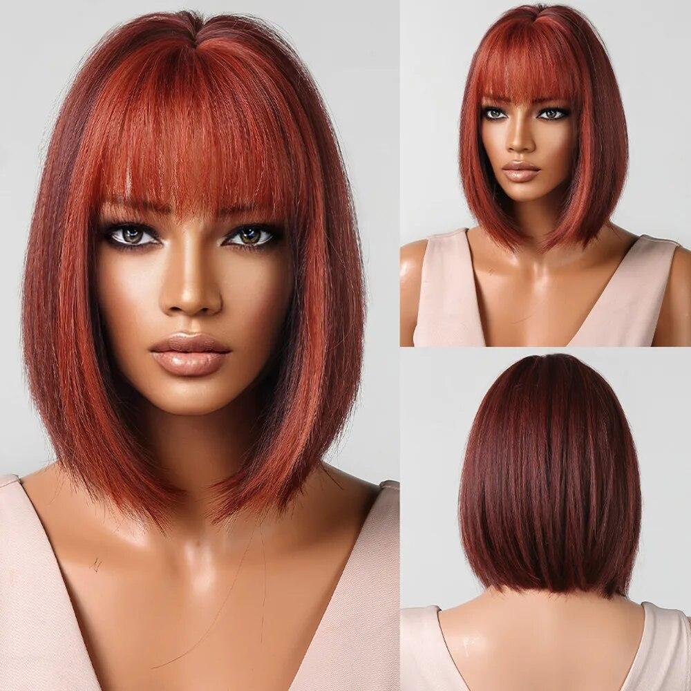 Short Orange Straight Bob Hair Synthetic Wigs with Bangs Orange Colorful Cosplay Party Wig for Women Heat Resistant Fiber Daily