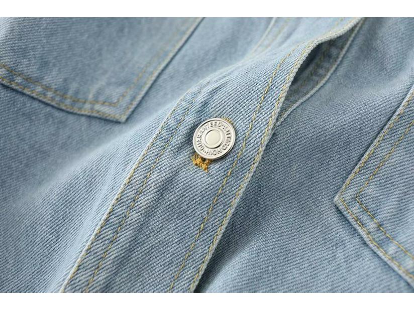Women's Washed Blue Denim Shirt Jacket with Pocket Embellishments - European & American Style, Autumn Collection