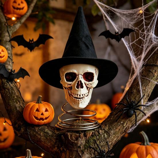 Distressed Resin Skull Topper Halloween Witch Hat Tree Topper, Gothic Skeleton Figurine for Versatile Party Decor, Spooky Festive Home Ornament, Trick