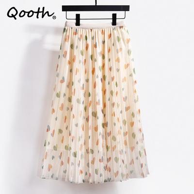 Damska wiosna lato nadruk w kształcie serca tiulowa spódnica z siatki elegancka, w kwiaty długość Midi długa gaza spódnica trapezowa QT1553