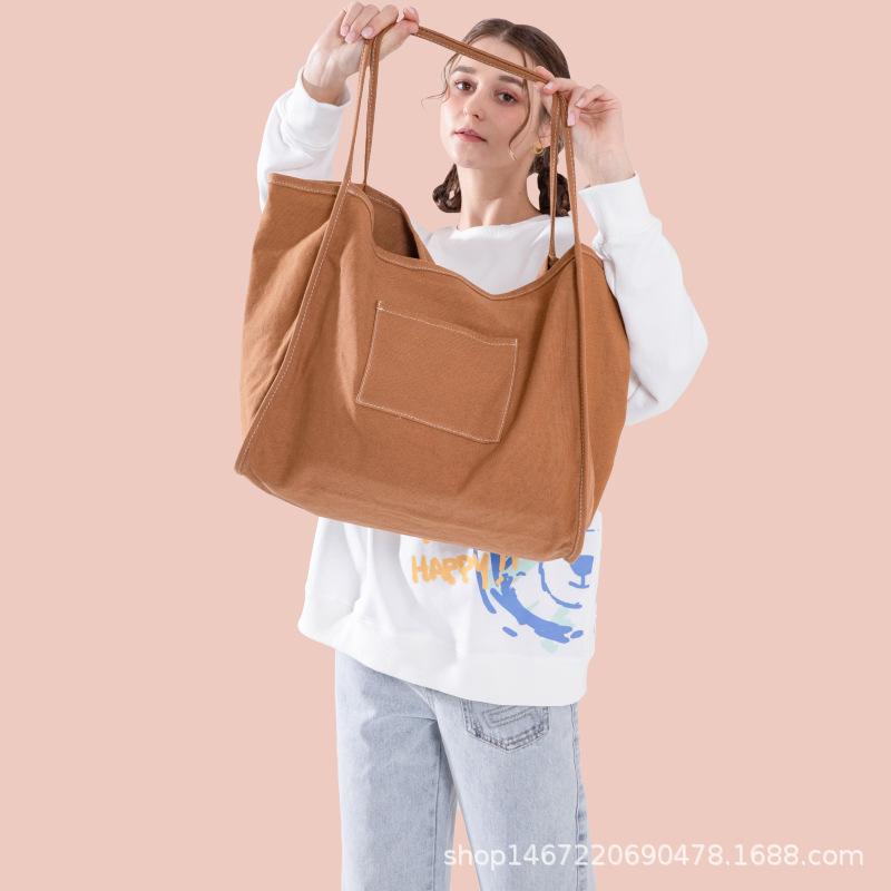 Solid Color Canvas Bag Women'S Large-Capacity Bag Korean Lazy Wind Shoulder Bag Washing Water Bag