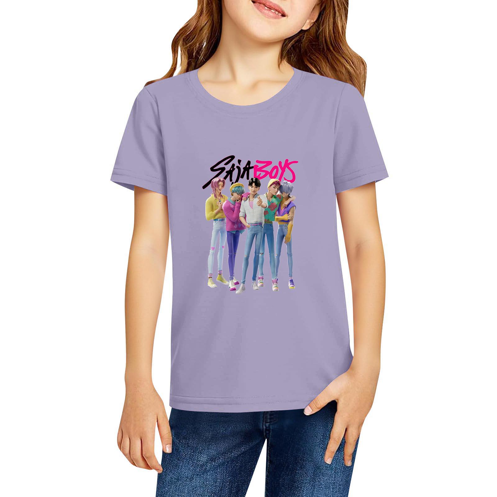 

Модная рабочая одежда с короткими рукавами и круглым вырезом, топы с принтом для детских летних топов 100 фиолетовый