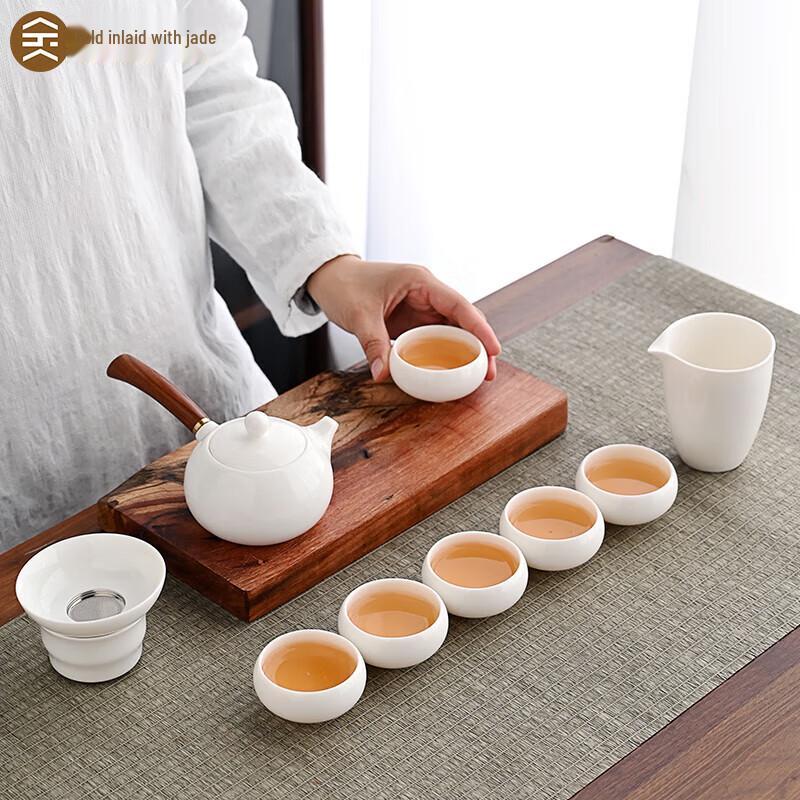 Gold Inlaid Jade White Porcelain Tea Set