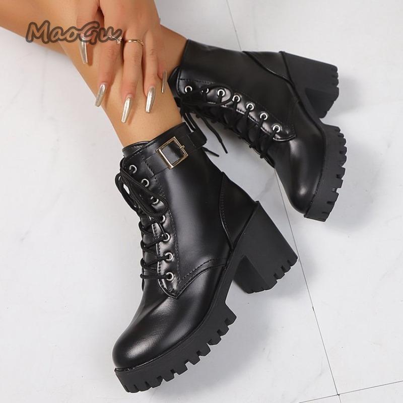 British Style 2025 New Round Head Chunky Heel Ankle Bootie Women's Boots Black Lace Up Shoes Botines Para Mujeres Size 35-42