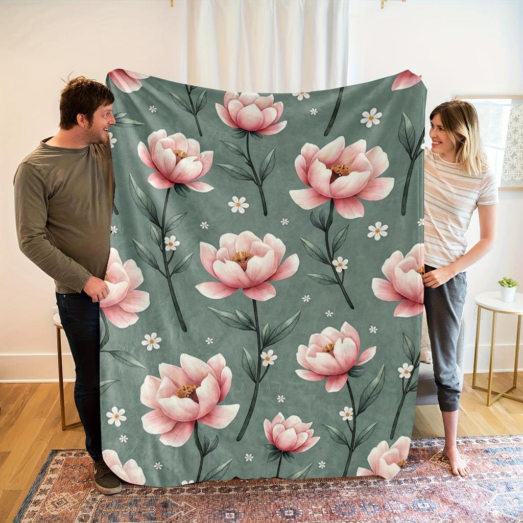 Pink Peony Floral Throw Blanket Soft Fleece for Living Room Sofa Decor BotanicalHomeDesign Gift for Her 180*150