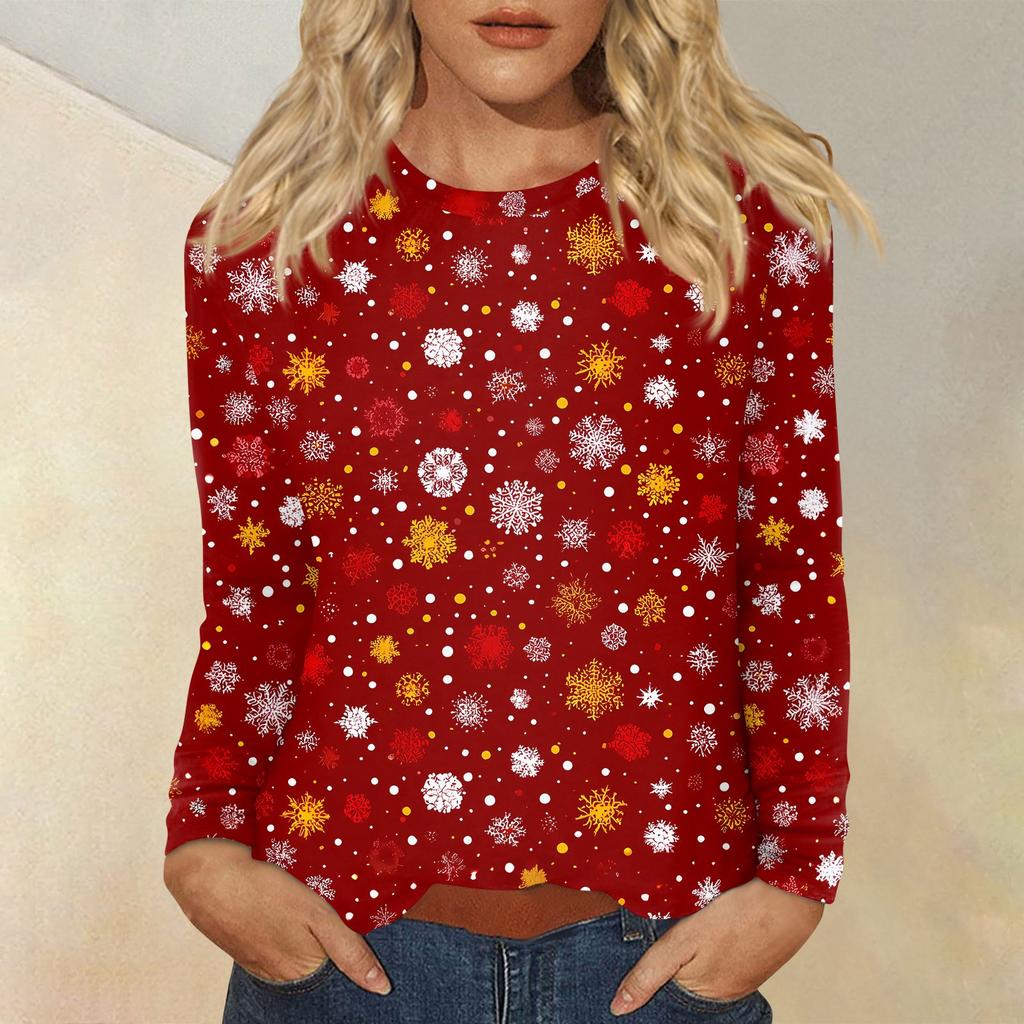 Women's Fashion Casual Christmas Printed Round Neck Long Sleeve Pullover Top