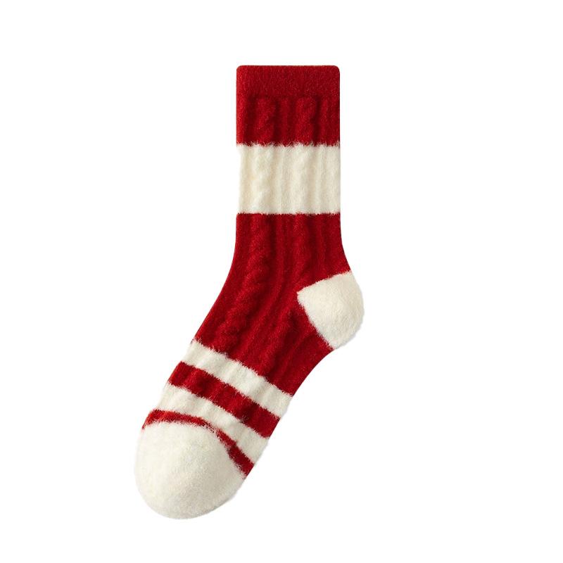 

1 Pair Mid Tube Socks Christmas Gift Red White Stripes Warm Soft Middle Socks for Women Winter Thick Socks