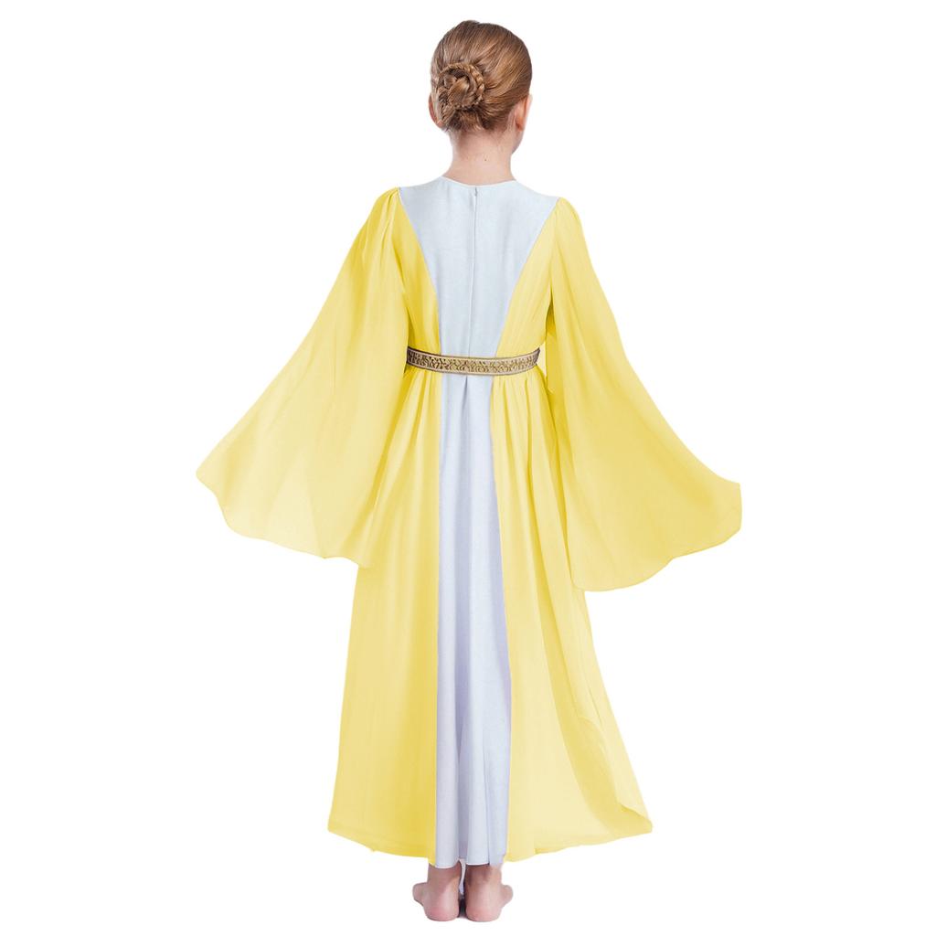 Girls Ancient Greek Roman Cosplay Costume Long Sleeve Golden Embroidery Dress Tulle Patchwork Halloween Gown
