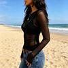 Women Long Sleeve Sheer Mesh Top Round Neck Transparent Blouse Lightweight Slim Fit Stretchy Shirt for Casual Wear
