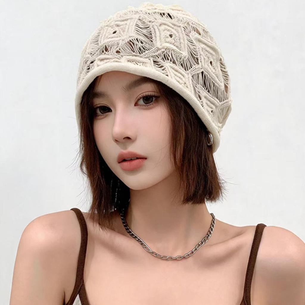 Retro literary and artistic crochet hole stacking hat men's and women's spring and summer thin breathable knitted cold hat fashionable headgear