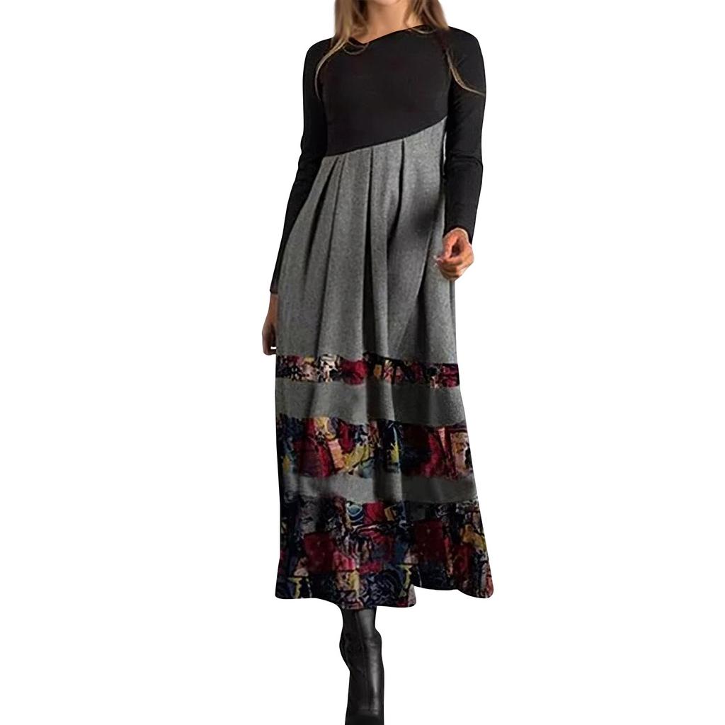 Dámské ležérní maxi šaty s dlouhým rukávem a bohémským potiskem