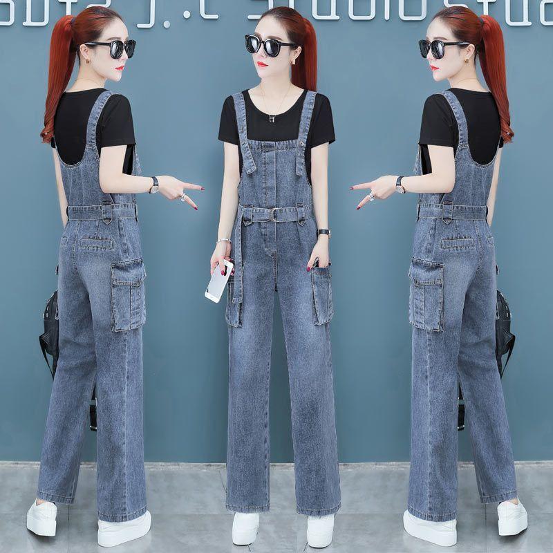 Women's 2026 Spring/Autumn Wide-Leg Denim Overalls & Pants Set