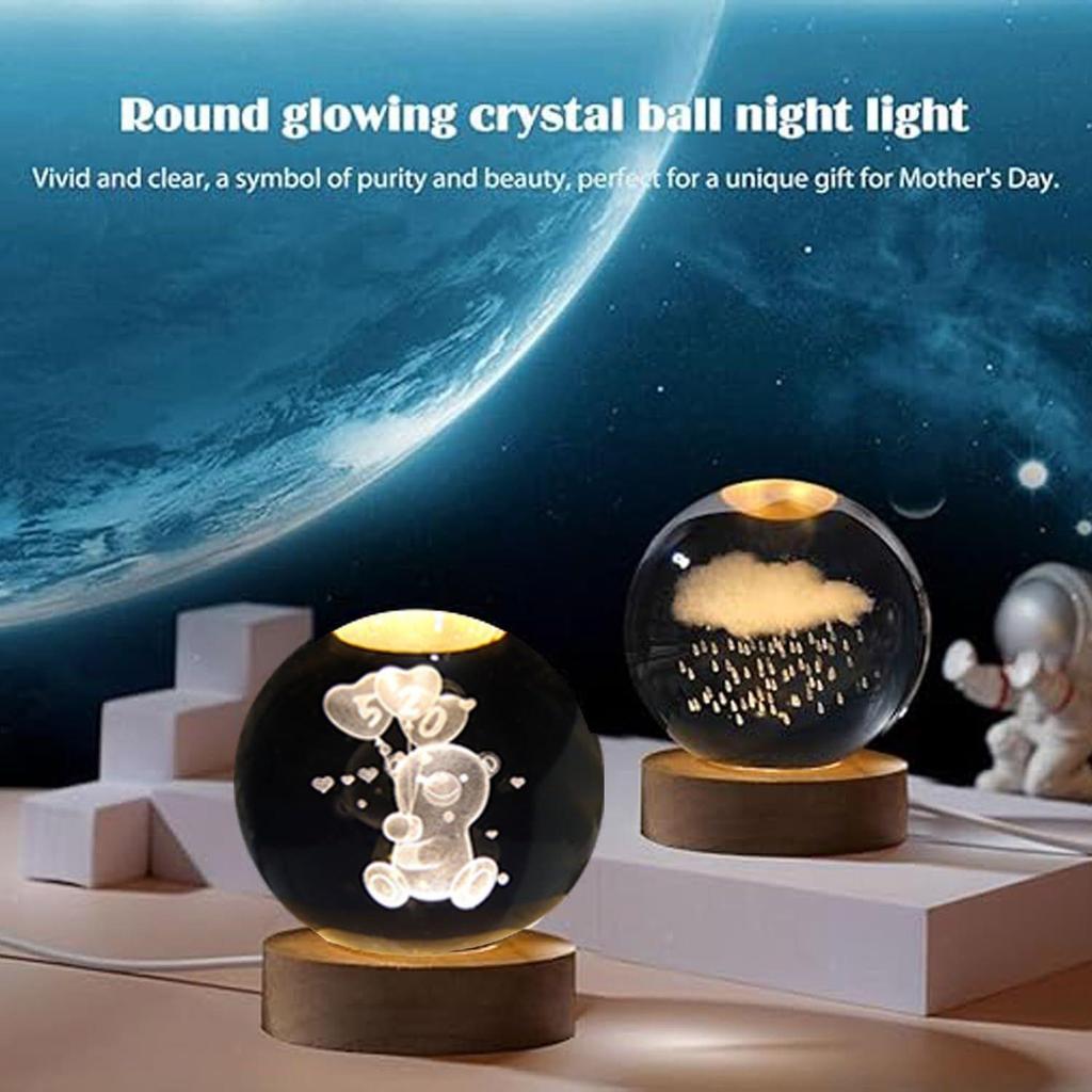 Crystal Ball Night Lamp – Engraved LED Light with Teddy Bear Design, USB-Powered Table Lamp, Wooden Base, Romantic Home & Office Décor, Bedroom