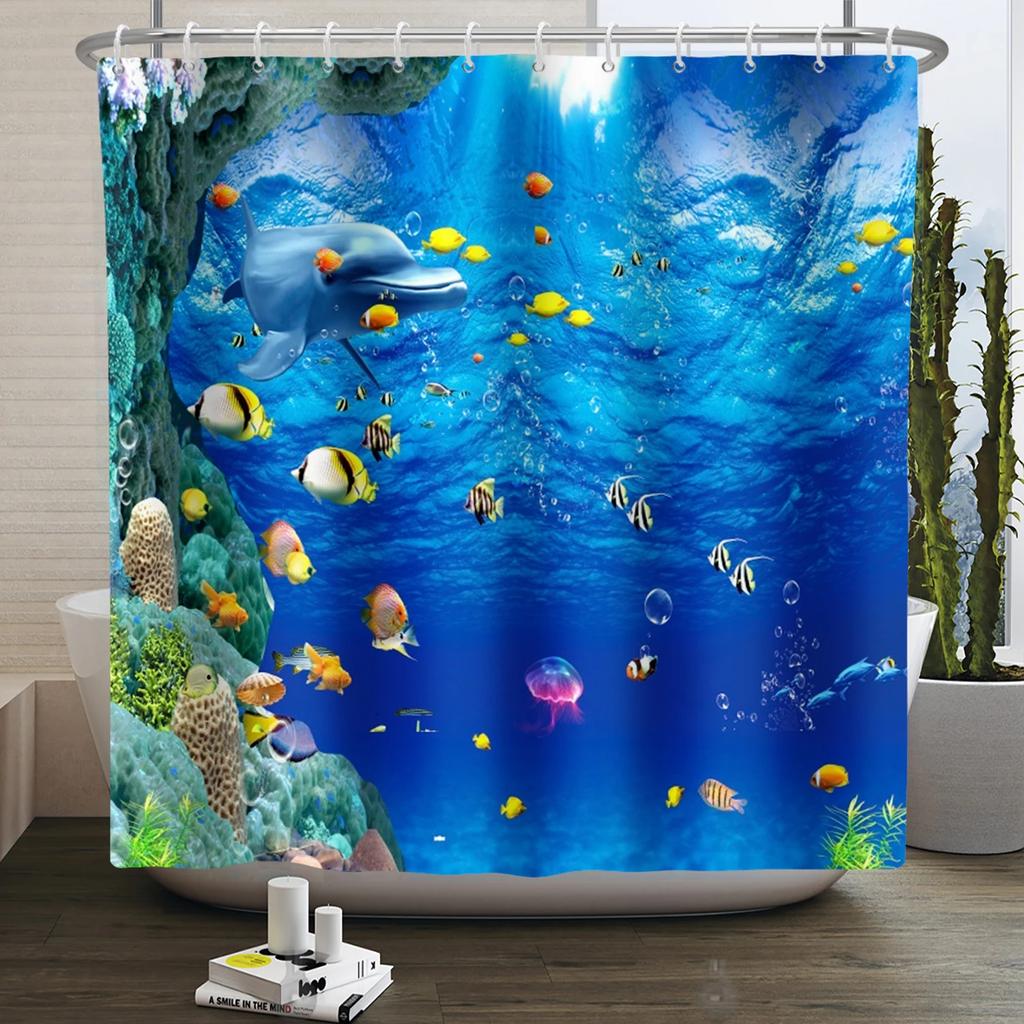 Sea Animals Shower Curtain 3D Dolphin Turtle Octopus Jellyfish Undersea World Bathroom Decoration Kids Polyester Bathtub Curtain