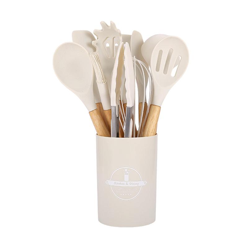 12PCS Silicone Kitchen Utensils Set Non Stick Cooking Tools Wooden Handle Spatula Turner Egg Whisk Baking BBQ Heat Resistant