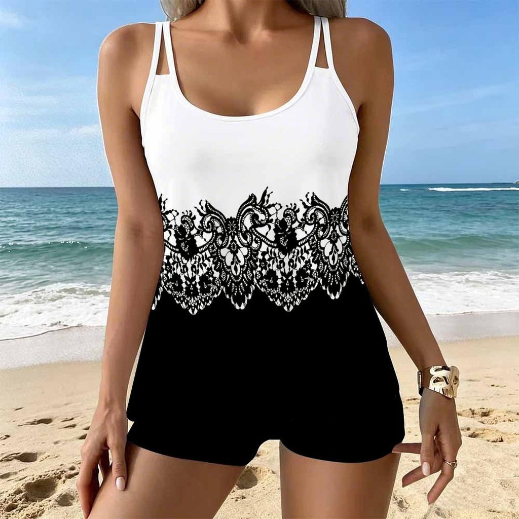 Women's Swimwear Tankini 2 Piece Swimsuit  Floral Hem Pattern Vacation Bathing Suits