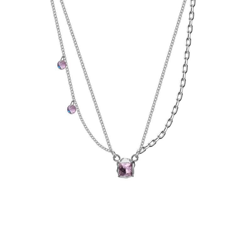 

Light luxury design peach blossom pink crystal square diamond necklace women s titanium steel necklace tide collarbone chain pendant jewelry