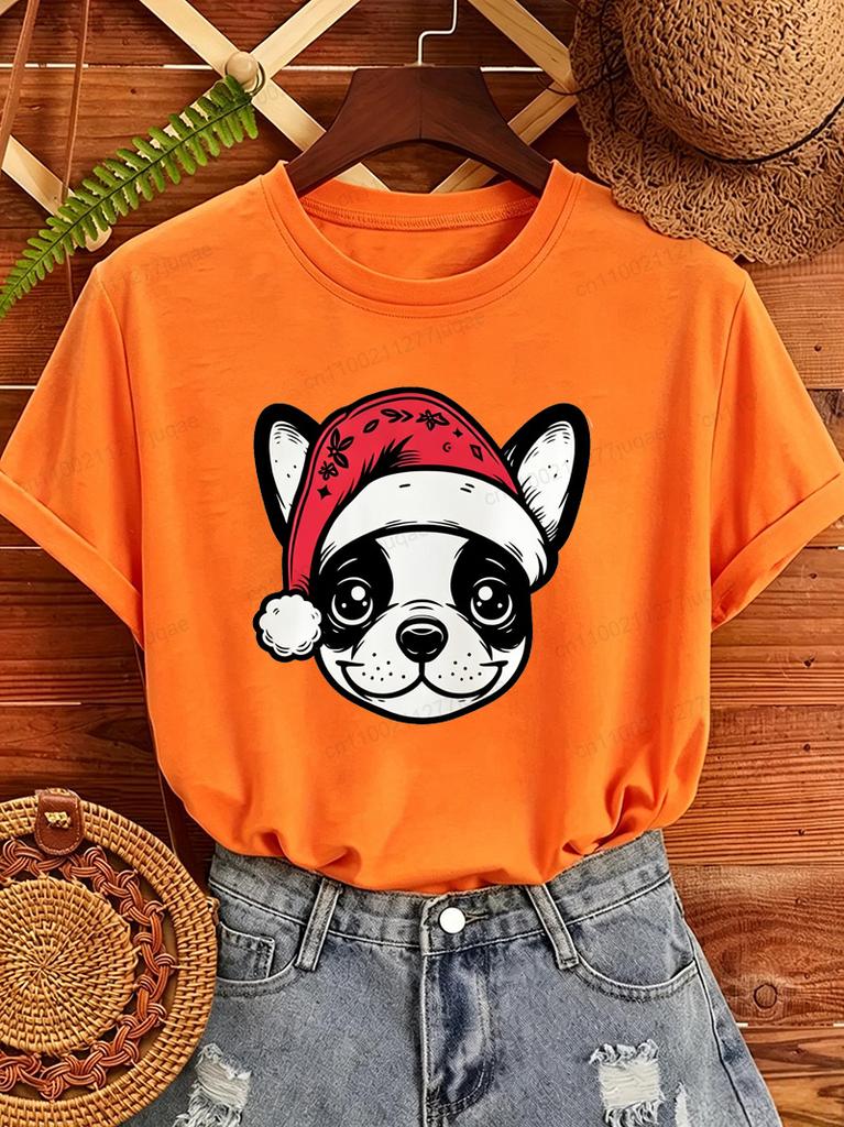 Frenchie Christmas Print Women's T-Shirts Retro Dog Santa Hat Design T-Shirts Tee Tops short sleeve Tshirts Tops Christmas Gifts