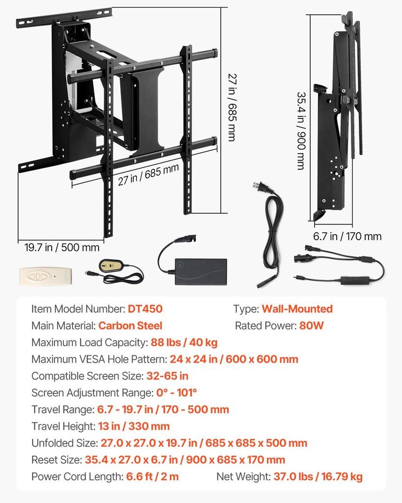 Motorized TV Wall Mount, 32-65 in Electric Fireplace TV Wall Mount Black