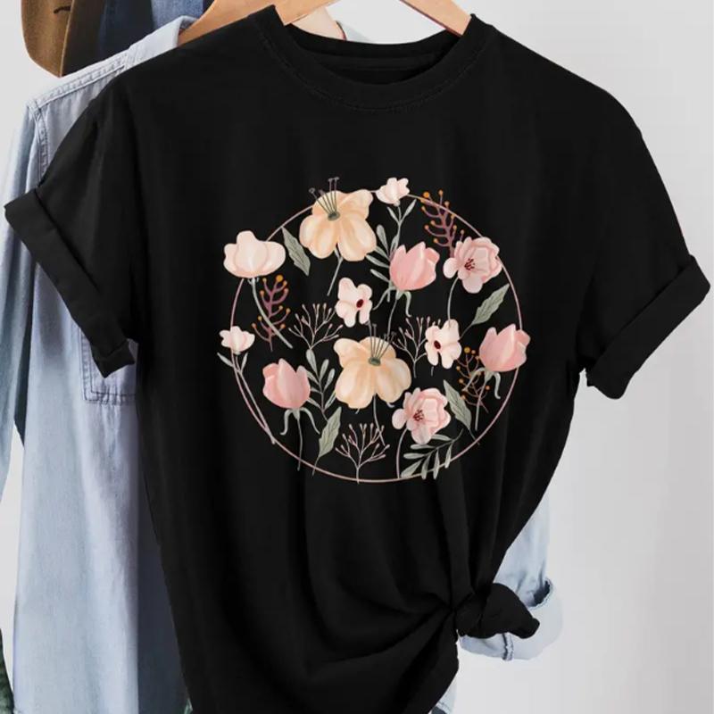 

Модная женская футболка с принтом в виде круга и цветов, забавная повседневная футболка с круглым вырезом и короткими рукавами, летняя женская футболка 3XL чёрный