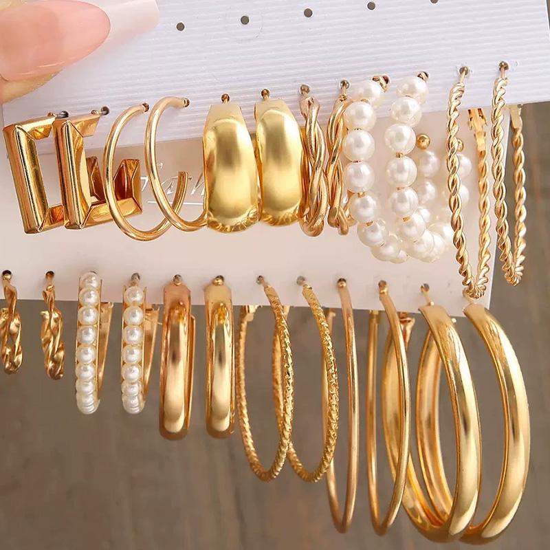 6 Pairs Earrings Golden Geometric Square Grace Ear Hoops Jewelry Sets Imitation Pearl