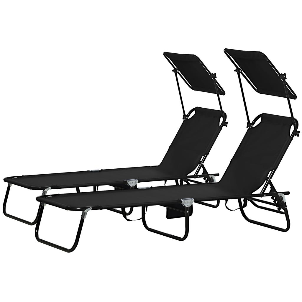 Set of Two Folding Sun Loungers. with Adjustable Backs and Sun Canopies - Black
