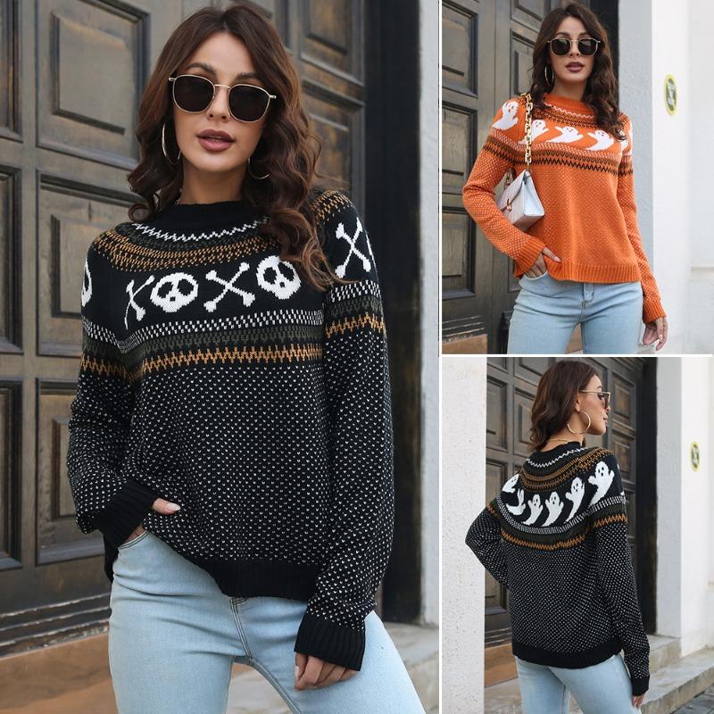 Women S Long Sleeve Skull Jacquard Retro Polka Dot Loose Knit Sweater