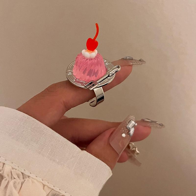 

Creative Strawberry Mousse Cake Rings Jelly Pudding Ice Cream Cherry Fruit Ring Exaggerated Vintage Chunky Girls Finger Rings розовый