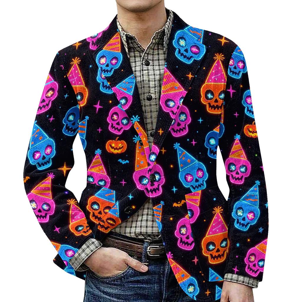 Men's Halloween Print Corduroy Warm Jacket with Pockets