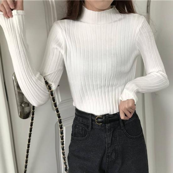 T-shirt moulant col semi-roulé manches longues tricot côtelé tops automne hiver chemise à superposer décontractée bureau soirée