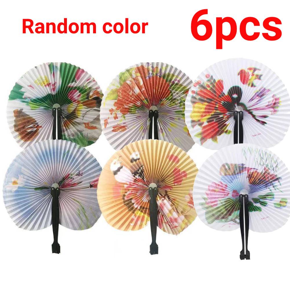 

6 шт. Бумажные складные веера Цвет случайный Круглый бумажный веер в китайском стиле Ручной веер Свадебные складные бумажные веера Ручные складные веера