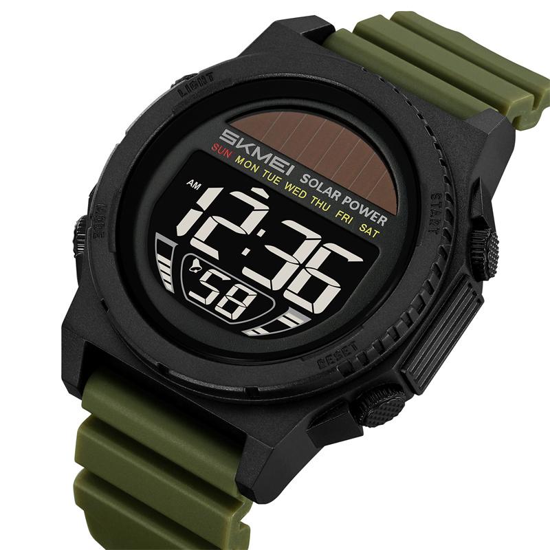 Skmei Solar Energy Digital Watches forMens LED Waterproof Swimming Chronograph TPU Strap Date Week Military Sports Wristwatch