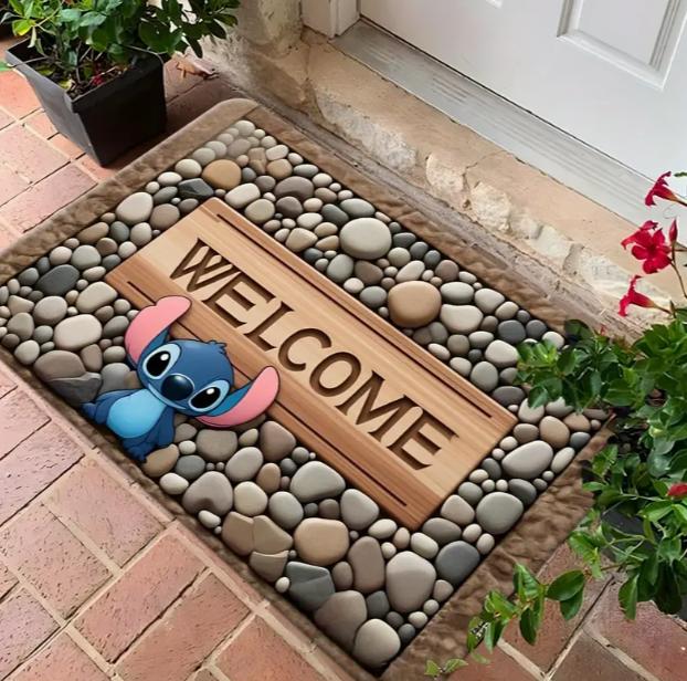 Stitch Welcome Door Mat Non Slip Polyester Floor Mat Flowers and Butterfly Entrance Bathroom Entrance Home Decoration  Rugs