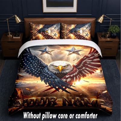 Set de așternut cu tematică patriotică americană, text sau nume personalizat, 3 piese, 1 cearșaf de deasupra și 2 fețe de pernă, așternut personalizat pentru casă