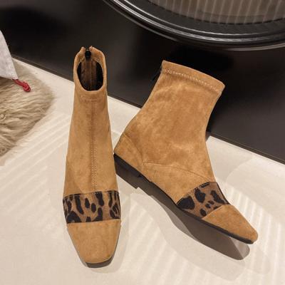 Suede Ankle Boots Square Toe Leopard Cotton Shoes Snow Boots Low Heels 2024 Trend Winter Plush Warm Flats Chelsea Botas Mujer
