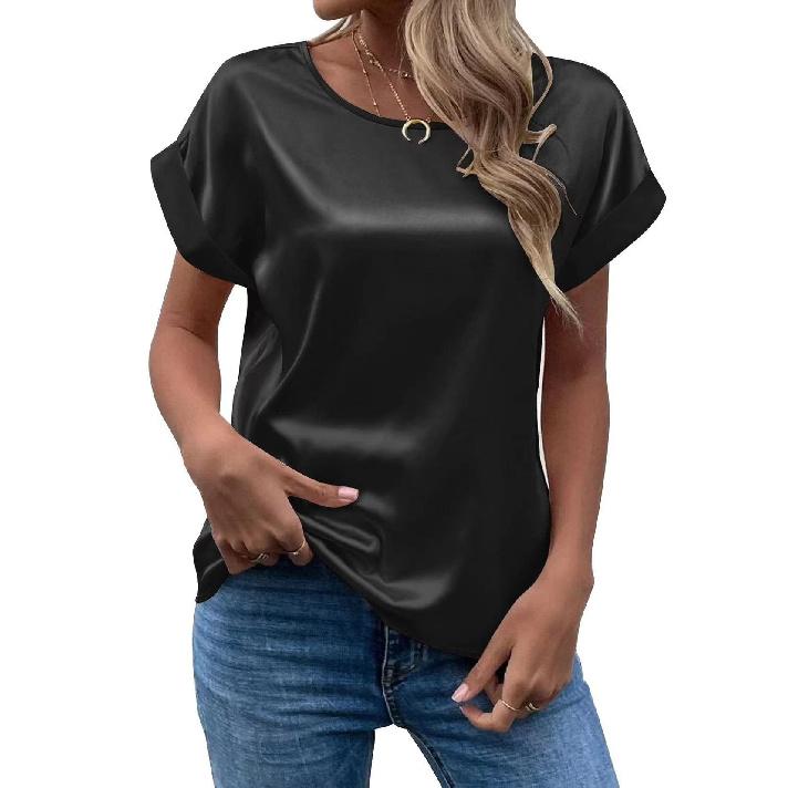2026 Women s Short-Sleeve Satin Shirt, Loose Casual Versatile Round Neck Satin Women s Blouse S чёрный