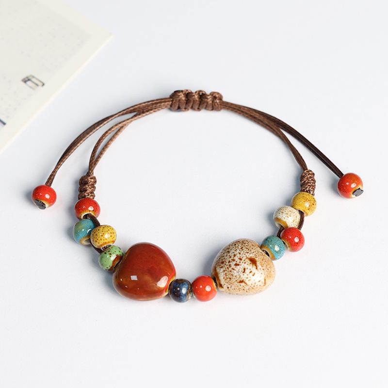 Jingdezhen Porcelain Beaded Bracelet: Floral Glaze Heart Charm for Women, Couples & Friends